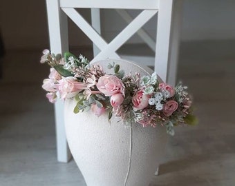 Corona de flor rosa rubor malva Corona de niña de flores Tocado nupcial Diadema floral Corona de pelo de boda Corona de dama de honor Maternidad
