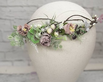 Lilac Dusty Purple Wedding crown Lavender rose headband Bride purple flower crown Pale flowers hair Bridal floral halo wedding crown