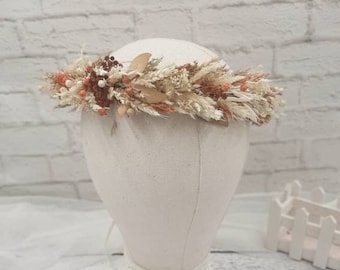 Fall Dried Flower Crown, Baby breath Crown, Rusty burnt orange flower girl crown, fall wedding halo, orange and ivory headpiece, wheat