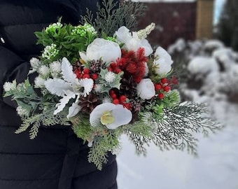 Christmas Wedding Bouquet/ Woodland Winter Wedding, Christmas flowers, Red White Roses, Holly, pine cone, Red Berries, Christmas Bouquet