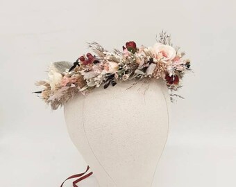 Accesorios de boda boho | Corona floral rosa para novia | Tocado de flores secas