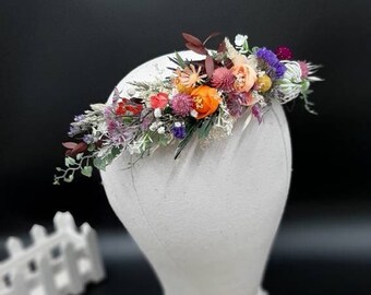Colorful flower crown for wedding, bohemian hair crown, colorful flower girl hairpiece, dainty flower crown, English Garden Flower Crown