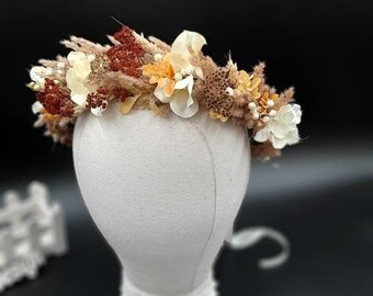 Dried flower crown, orange rust flower crown, boho flower crown, Fall flower crown, rust dusty orange crown, Autumn Floral crown ivory crown