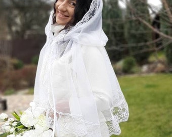 White church lace head covering veil, Catholic lace mantilla, Boho Shawl Shrug, Catholic head covering veil for church, White chapel veil