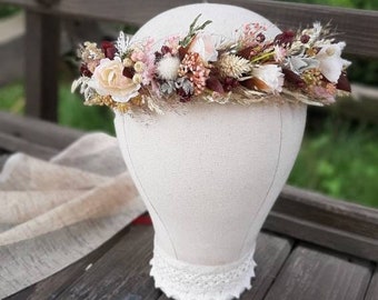 Handmade Dried Flower Crown, Pink Burgundy Floral Crown, Mommy and Me Flower Crowns, Boho Fall Wedding Headpiece