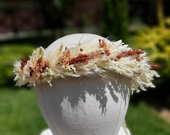 Fall Dried Flower Crown, Baby breath Crown, Rusty burnt orange flower girl crown, fall wedding halo, orange and ivory headpiece, wheat