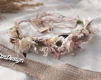 Handmade Dried Flower Crown - Wedding Ceremony Hair Accessory with Pink Roses - Mommy and Me Floral Crown - Fall Boho Halo Crown