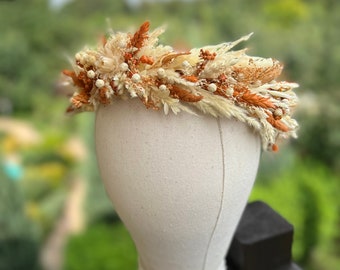Terracotta orange flower crown, Fall wedding crown, Boho floral crown, Dried flower crown, Meadow Autumn Wedding Dried Flower Crown Headband