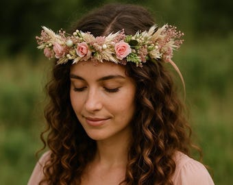 Boho pink flower crown, dried and artificial floral headpiece, rustic wedding wreath, blush bridal hair accessory
