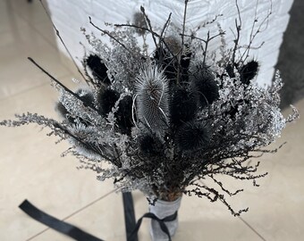 Total black silver bouquet, dried gothic wedding bouquet, hallo bridal bouquet, gothic wedding decor, black wedding Halloween bouquet