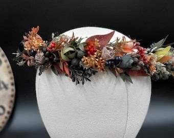 Couronne de fleurs d'automne, couronne de mariage orange bordeaux, casque floral d'automne rustique