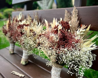 Ramo de novia de terracota de otoño / Flores conservadas de naranja quemada y flores secas de aliento de bebé /Ramo de dama de honor