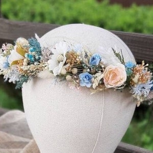 Handmade Dried Flower Crown, Blue Wedding Floral Crown, Dusty Blue Flower Girl Crown, Bridal Hair Accessory
