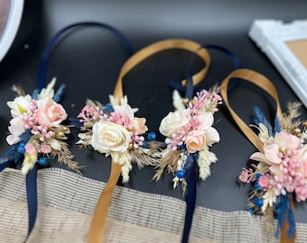 Corsage and boutonniere set, blush pink wedding corsage, bridesmaid navy gold corsage, floral wrist corsage, bridesmaid wrist corsage