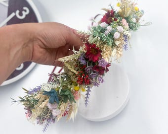 Boho Head Wreath with Dried & Artificial Flowers, Rustic Multicolor Floral Crown, Festival Hair Accessory, Handmade Halo