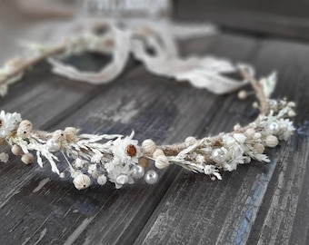 Handmade Wedding Flower Crown with Natural Dried Baby's Breath, Bridal Floral Halo, Preserved Flower Crown