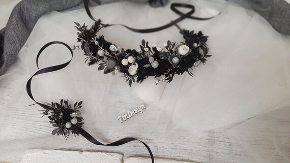 Black Flower Crown, Black Flower Dried Crown, Black 