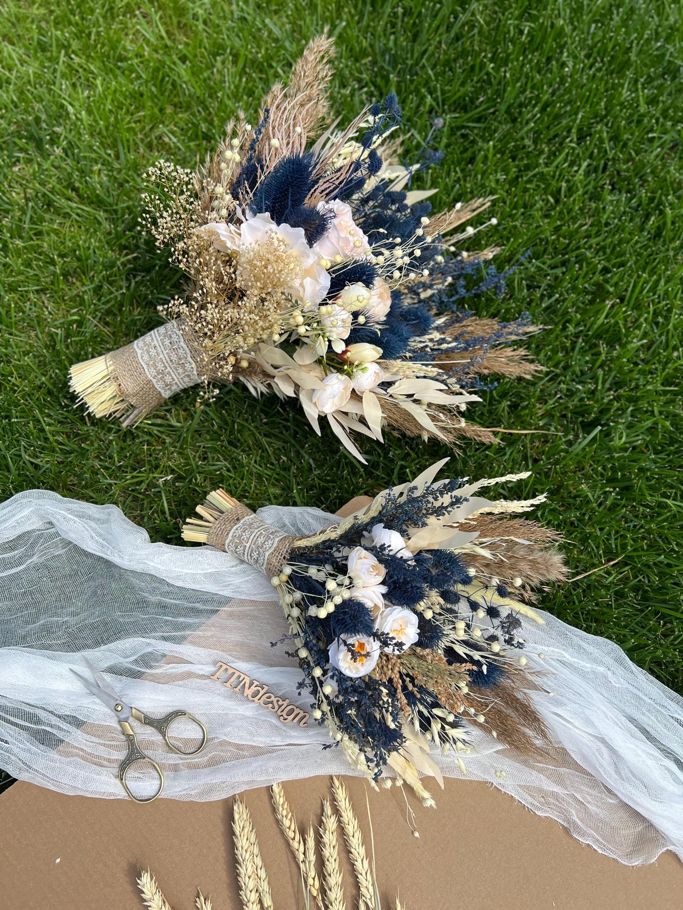 Navy Blue Ivory Dried Bouquet