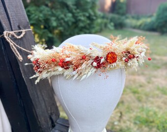 Autumn Terracotta Flower Crown for Wedding, Handmade Rust Orange Fall Headpiece, with Dried Flowers, Adjustable with Ribbon, Boho Accessory
