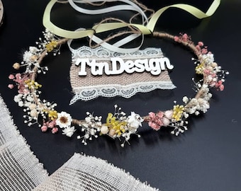 Yellow@pink flower crown wedding, baby breath crown, bridal rustic crown, woodland floral crown,  dried flower crown, child pink crown