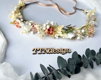 Ivory and Terracotta Flower Crown, Boho Bridal Headpiece, Dried & Artificial Flowers, Fall Wedding Crown, Adjustable Headband
