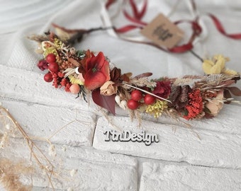 Romantic Red Autumn Flower Crown, Boho Wedding Headpiece, Bridesmaid Hairpiece