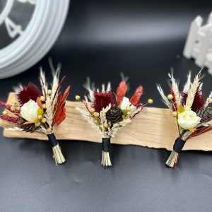 Rustic Fall Boutonniere with Burgundy, Terracotta & Ivory Dried Flowers – Groom Pin for Autumn Wedding or Thanksgiving
