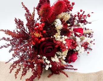 Dried red bridal bouquet with burgundy roses and natural flowers, rustic wedding bouquet, bridesmaid bouquet boho style