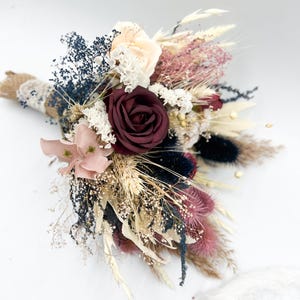 Bridal and Bridesmaid Bouquet in Mauve, Blush Pink, Navy Blue, and Ivory | Dried and Artificial Flowers for Wedding