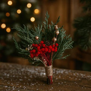 May include: A Christmas-themed bouquet with green foliage, red berries, and gold decorations, bound with twine. The arrangement is set against a backdrop of blurred, warm lights, evoking a festive atmosphere.