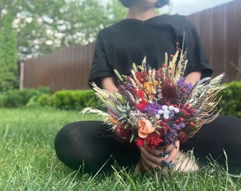 Bridal Bouquet with Dried Pink Wildflowers, Dried flowers, Lavender, and Wheat / Dried Bouquet for Weddings and Dried Flower Arrangements