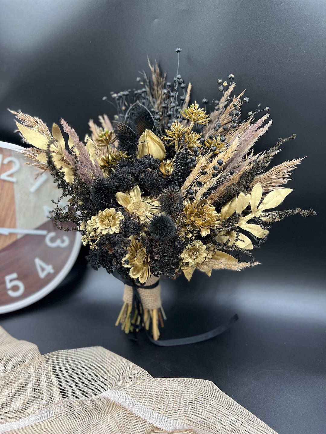 Luxurious Gold & Black Dried Flower Bouquet Gothic Wedding Arrangement