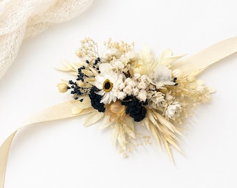 Dried Flower Wrist Corsage Ivory Navy
