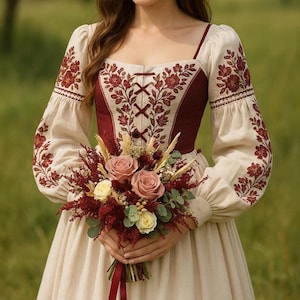 Burgundy dried flower wedding bouquet, rustic bridal bouquet with roses, oats, eucalyptus, boho bridesmaid bouquet set