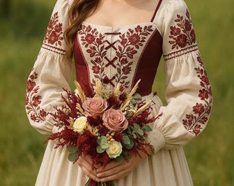 Burgundy dried flower wedding bouquet, rustic bridal bouquet with roses, oats, eucalyptus, boho bridesmaid bouquet set