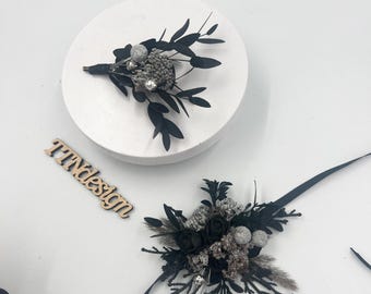 Gothic boutonniere & wrist corsage set – black, dark green and silver dried flower wedding accessories, alternative boho style