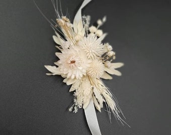 Ivory Dried Flower Wedding Accessories | Floral Wrist Corsage, Boutonniere, and Bracelet Set