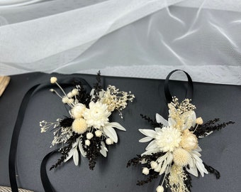 Gothic Wedding Corsage Set | Black & White Floral Accessories