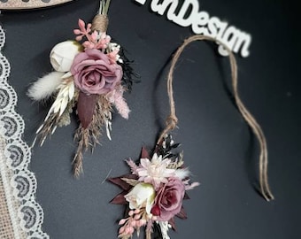 Corsage- och boutonnièreset, boutonnières för män, beige corsagearmband, bröllopsblommaarmband, elfenbensvita handledscorsager