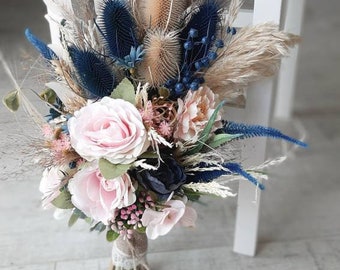 Wedding bouquet, Bridal bouquet, Blush navy Bouquet, Blush Pink bouquet, Bridesmaid bouquets, Wedding Boho Bouquet, Dried rustic bouquet