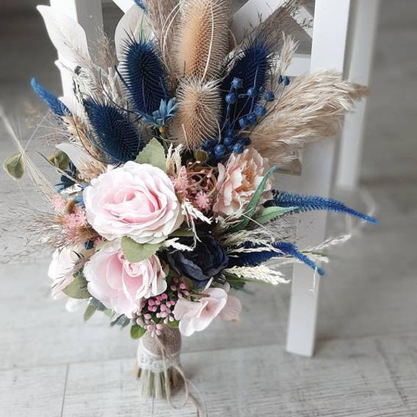 Wedding bouquet, Bridal bouquet, Blush navy Bouquet, Blush Pink bouquet, Bridesmaid bouquets, Wedding Boho Bouquet, Dried rustic bouquet