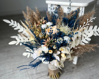Navy blue Ivory Bouquet, Dried beige Wedding bouquet, Blue Bridal bouquet, Bridesmaid bouquets, Wedding Boho Bouquet, Dried rustic bouquet
