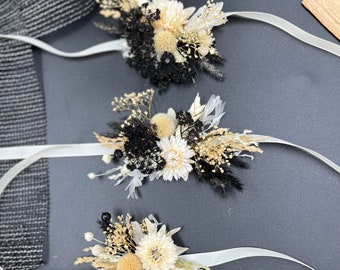 Black & Ivory Elegance: Wrist Corsage for Wedding, Prom | Corsage Bracelet, Flower Bracelet for Bridesmaids | Wedding Wrist Corsage