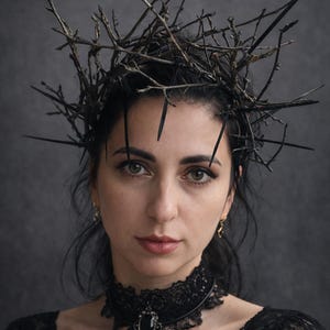 Op de afbeelding: Een vrouw draagt een donkere, takachtige kroon en een zwarte kanten choker met een hanger. De kroon is gemaakt van donkere, dunne takken. De vrouw draagt een zwarte jurk. De achtergrond is donkergrijs.
