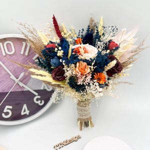 Navy Blue and Rust Bridal Bouquet – Dried & Silk Flowers in Burgundy, Orange, Beige – Pampas, Roses, Autumn Style