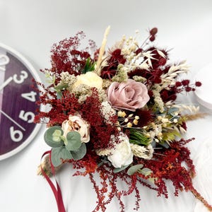 Burgundy dried flower wedding bouquet, rustic bridal bouquet with roses, oats, eucalyptus, boho bridesmaid bouquet set