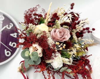 Burgundy dried flower wedding bouquet, rustic bridal bouquet with roses, oats, eucalyptus, boho bridesmaid bouquet set