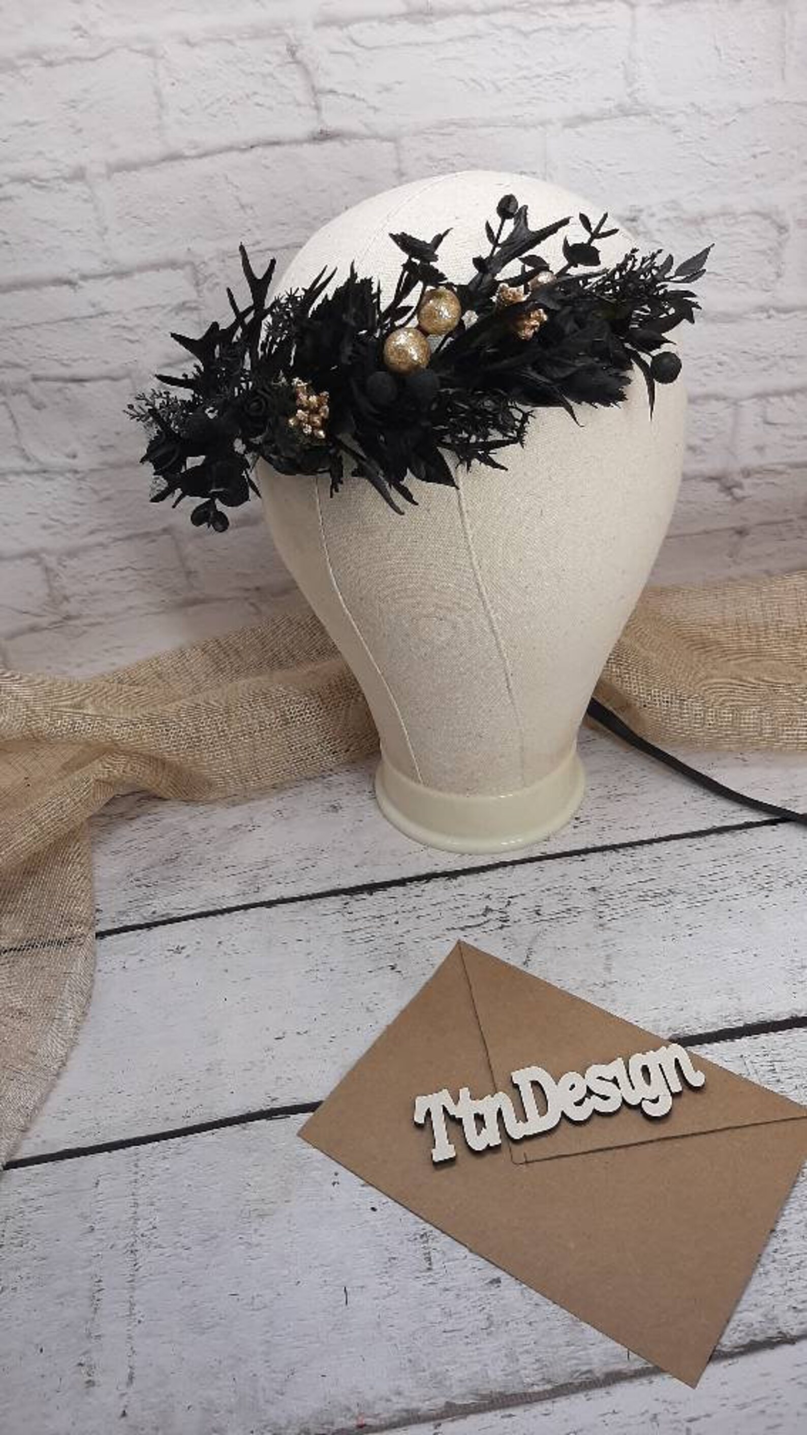 Black gold rose flower crown All black rose headband Black Etsy