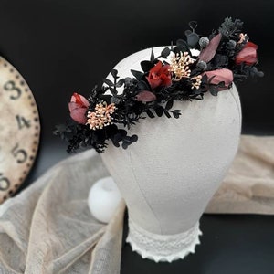 Black headpiece, Black burgundy crown Black flower crown, Gothic headband Halloween, Halloween crown, Halloween Hairband Black wedding crown