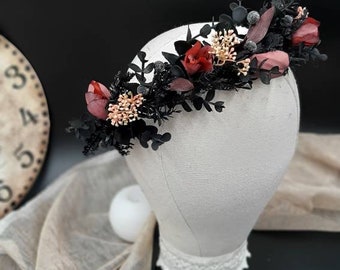 Black headpiece, Black burgundy crown Black flower crown, Gothic headband Halloween, Halloween crown, Halloween Hairband Black wedding crown